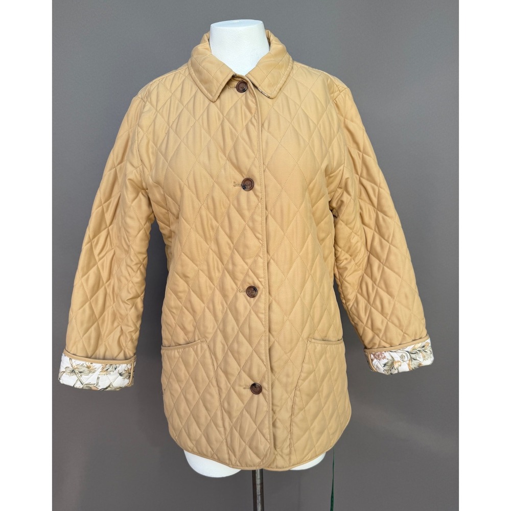 Laura Ashley Quilted Barn Jacket M Tan Floral Lining Button Coat Cottagecore